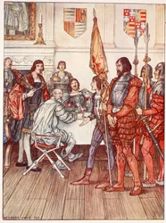 The Page presenterar hans fånge, illustration från "Bayard: The Good Knight Without Fear and Without Reproach" av Christopher Hare, pub. 1911